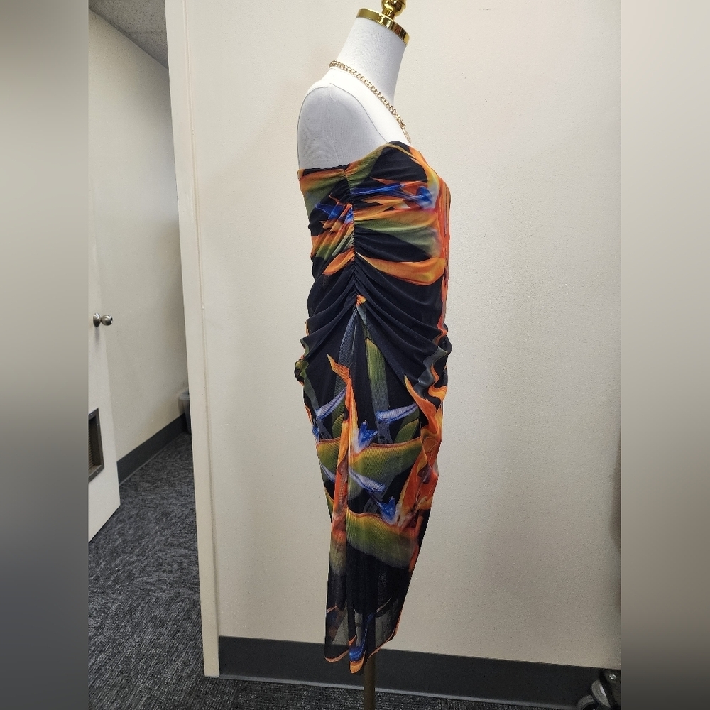 Zara Strapless Mesh Midi Dress Ruched Side Slit Multicolor Size Medium - Picture 5 of 10